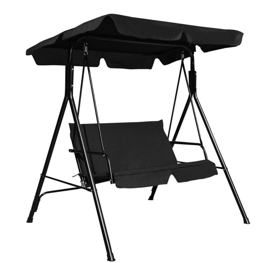 2-Seat Swing Chair with Awning, for Garden, Backyard, Courtyard(55.0" Lx 43.5" Wx 60.5" H). (Black)