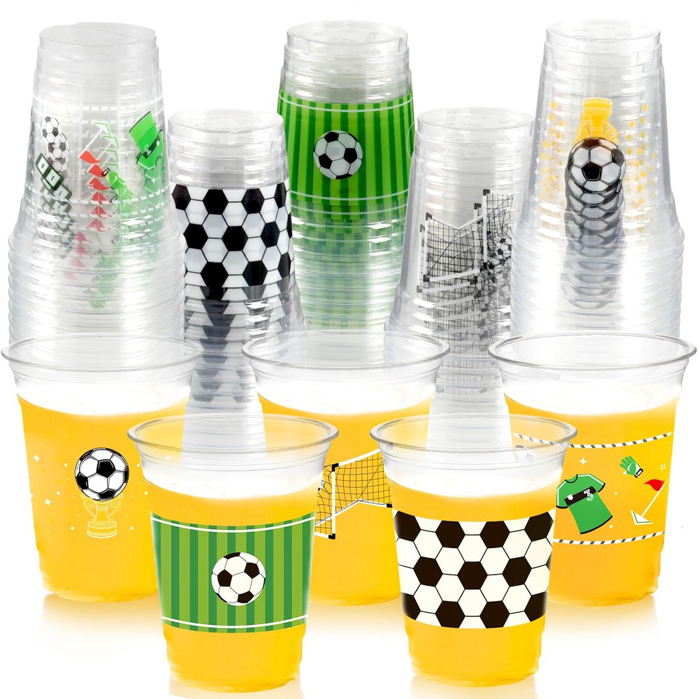 100Pcs Soccer Party Decorations Cups, 12 OZ Disposable Plastic Drinking Cups for Sports Themed Tailgate Events Game Day Football Soccer Birthday Party Decor Supplies Favors