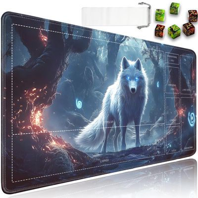 for TCG Playmat with Waterproof Storage Bag and 6 Dice, Non-Slip Rubber Base for MTG Playmat with Zones, 24 x 14 inches Trading Card Game Mat Board Game Desk Mat, Glowing Wolf Pattern