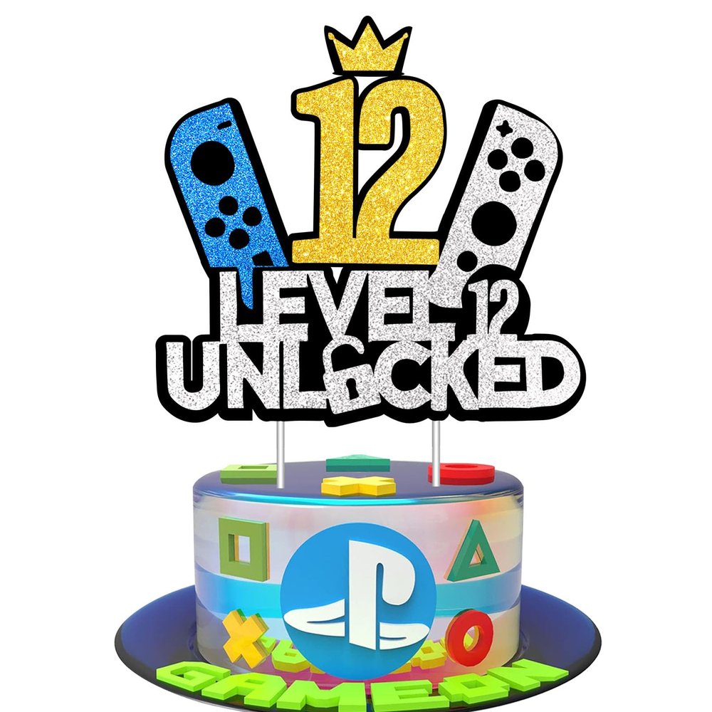 12th Birthday Video Game Cake Topper - Glittery Game Controller Picks for Epic Gaming Party Decor | 1PC Happy 12 Years Cake Decoration Supplies (gold 12)