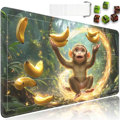 for TCG Playmat with Waterproof Storage Bag and 6 Dice, Non-Slip Rubber Base for MTG Playmat with Zones, 24 x 14 inches Trading Card Game Mat Board Game Desk Mat, Monkey Playing with Bananas