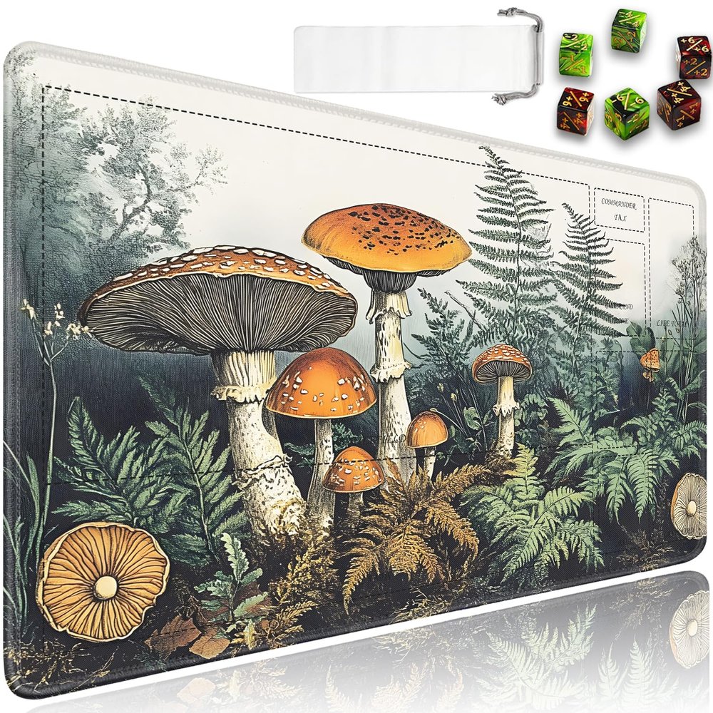 for TCG Playmat with Waterproof Storage Bag and 6 Dice, Non-Slip Rubber Base for MTG Playmat with Zones, 24 x 14 inches Trading Card Game Mat Board Game Desk Mat, Lion Couple Pattern