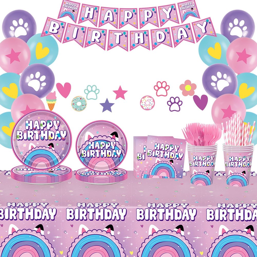 170pcs Dollhouse Party Supplies for Kids First Birthday Cartoon Cat 1st 2nd Party Decorations Paper Plates Napkins Paper Cups Tablecloth Balloons Banners For 24 Guests