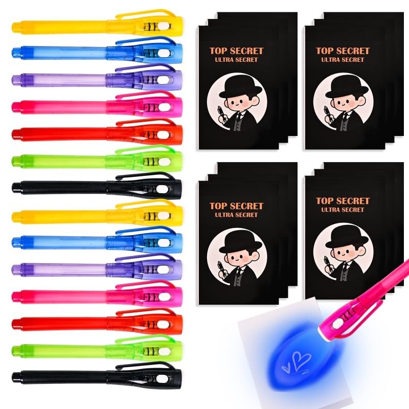 EODVICS 14 Pack Invisible Ink Pens for Kids Ages 3+ with 14 Detective Notebooks Spy Pen Set with UV Light, Classroom Prizes, Birthday Party Favors