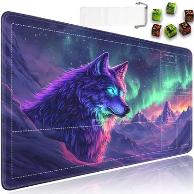 for TCG Playmat with Waterproof Storage Bag and 6 Dice, Non-Slip Rubber Base for MTG Playmat with Zones, 24 x 14 inches Trading Card Game Mat Board Game Desk Mat, Wolf Warrior Pattern