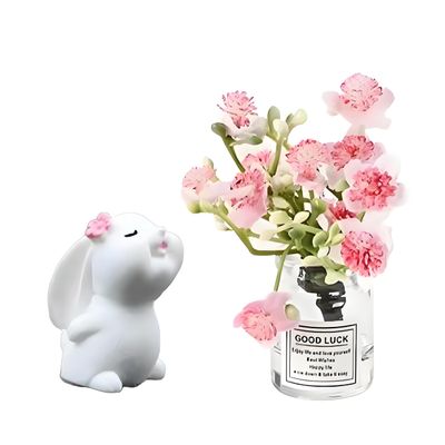 2PCS Mini Smell The Fragrant Rabbit & Pink Peach Blossom Flower Vase Ornaments Handmade Resin Miniature Vases for Dollhouse, Fairy Garden, Micro Landscape Decor, DIY Craft & Table Centerpiece