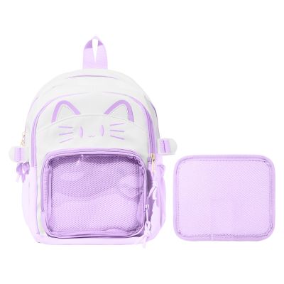 ZingZaak Kawaii Cat Ita Bag,Pin Purse,Pin Display Backpack Bag with Insert,For Daily Use and Cosplay(purple-white, Small)