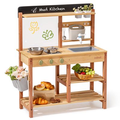 Robud Mud Kitchen, Wooden Outdoor Kitchen for Kids, Pretend Play Set with Sink, Faucet, Planting Pots, Cooking Accessories, Ideal Gift for Boys Girls Ages 3+