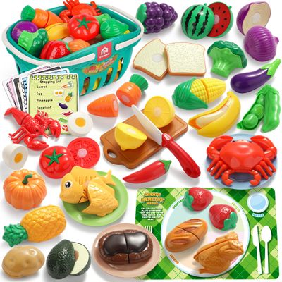 Coogam Pretend Play Food Kitchen Accessories for Kids, Fake Fruits Meats Vegetables Cutting Food with Shopping Storage Basket for Preschool Activities, Daycare Educational Toy for 3 4 5 Years old Kids