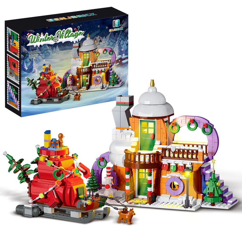ENJBRICK Christmas Holiday Snow House Building Toy Set with Lights, Chritmas Village Xmas Gifts for Boys and Girls,Family 1224 pcs