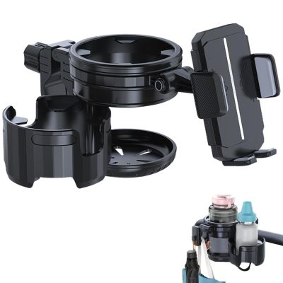 4-in-1 Universal Stroller Cup Holder Adjustable Single/Double Cup & Phone Holder, 360 Rotatable, Anti-Slip Silicone Grip, Spill-Proof Design for Baby Strollers, bicycles,Wheelchairs, Shopping Carts