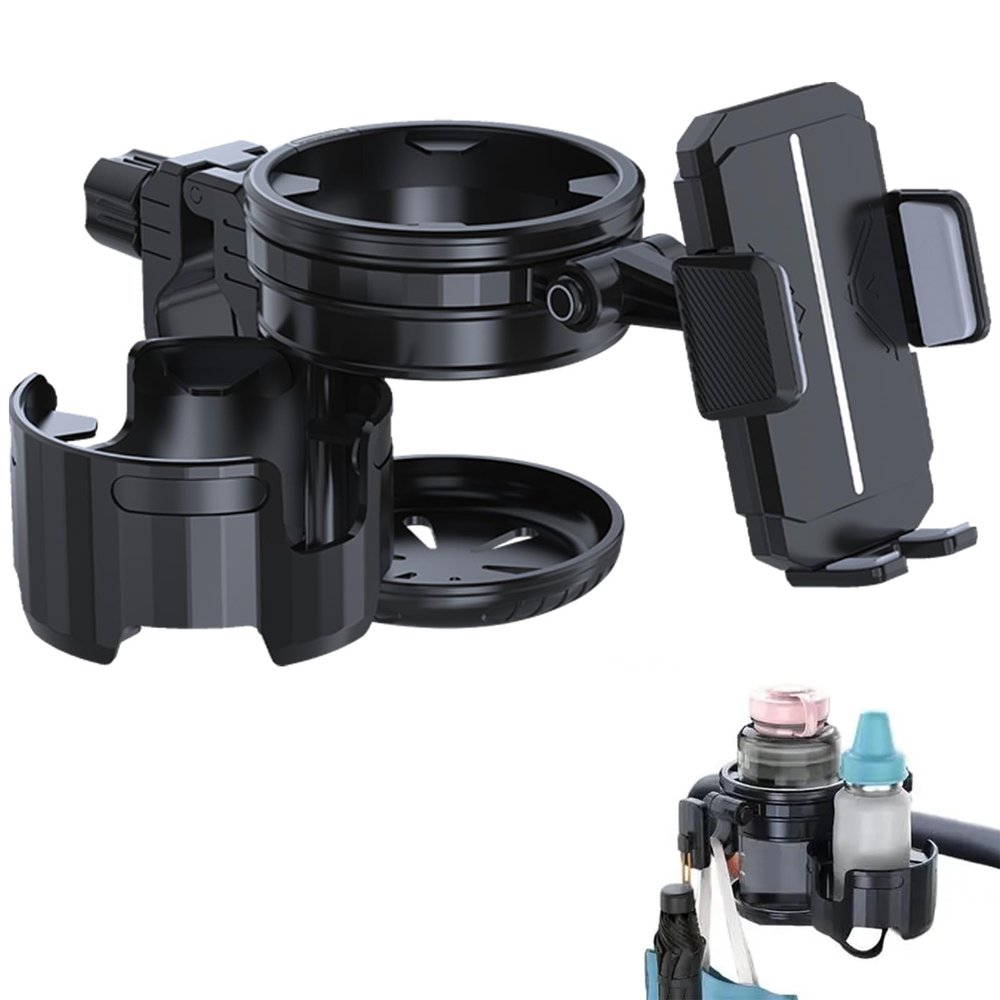 4-in-1 Universal Stroller Cup Holder  Adjustable Single/Double Cup & Phone Holder, 360 Rotatable, Anti-Slip Silicone Grip, Spill-Proof Design for Baby Strollers, bicycles,Wheelchairs, Shopping Carts