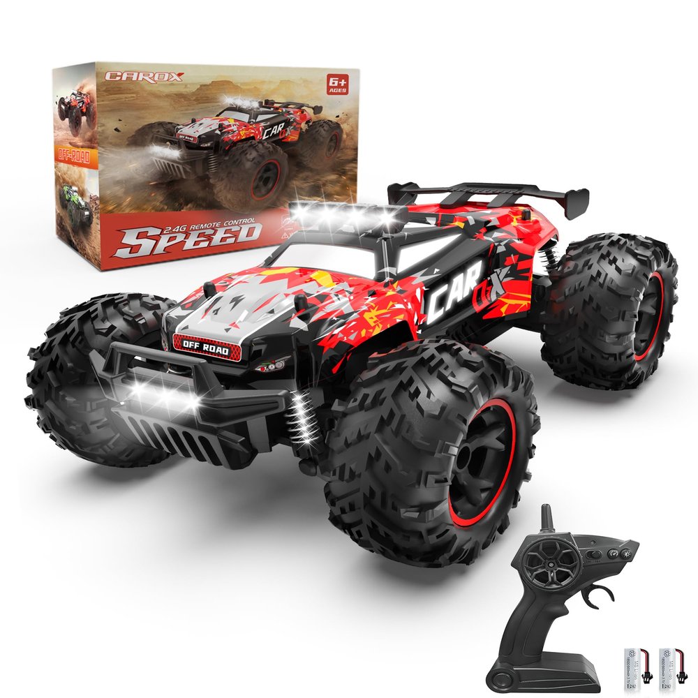 Carox Remote Control Car, 2.4GHz 26KM/H High Speed RC Car, 1:18 Off-Road Monster Truck with LED Lights, Proportional Throttle & 1800mAh Rechargeable Batteries Ideal Gift for Boys 6+