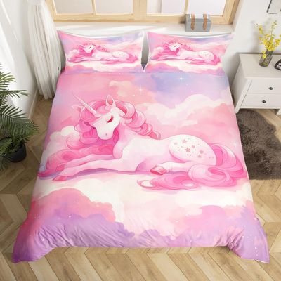 Cute Unicorn Duvet Cover Set Toddler Size,Dreamy Pink Horse Wildlife Reversible Quilt Cover for Kids Boys Girls Cartoon Stars Cloud Galaxy Bedding Set with 1 Pillowcase,No Comforter