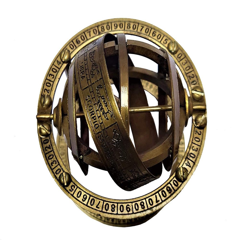 ALFAMART HT "Antique-Style Brass Armillary Sphere with Zodiac Engravings  Handcrafted Celestial Globe Model for Astronomical and Astrological Exploration"