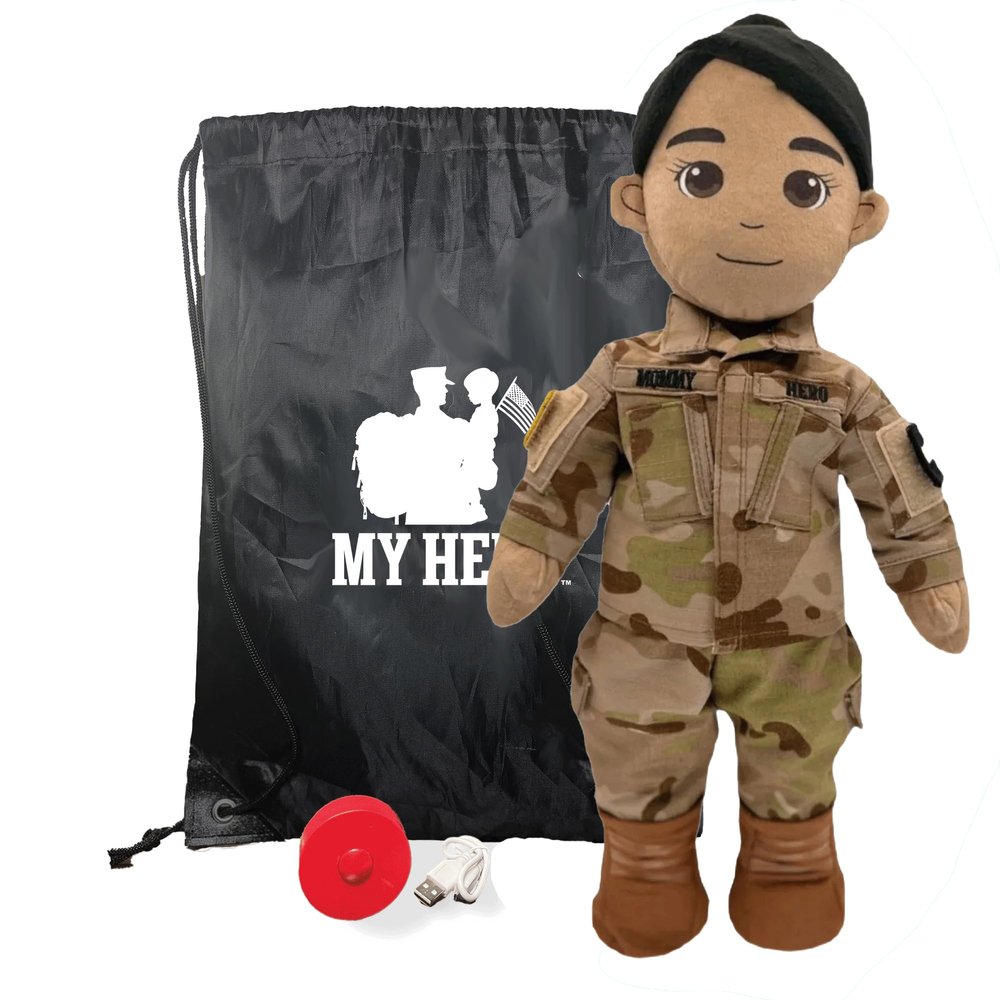 Umbo My Hero 14" Army Recordable Plush Military Doll Over 1+ Hour Audio Storage Personalized Gift for Deployment, Separation, or Storytime Ultimate Daddy Doll! (Tan Skin Black Hair Female)
