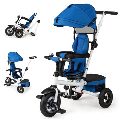 HONEY JOY Tricycle, 5-in-1 Folding Baby Trike Stroller w/Adjustable Handle & Canopy, Reversible Seat, Safety Belt, Folding Pedal, Bell, Storage, Push Tricycle for Toddlers 1-5 Years Old (Blue)