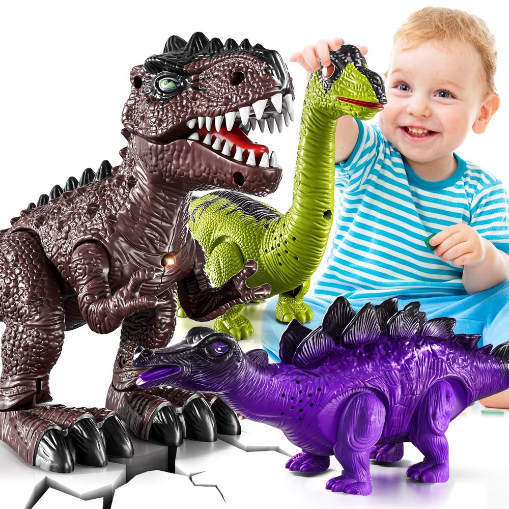 BLmukce 3-Pack Electronic Walking Dinosaur Toys for Toddlers 2-4, Moving Dinosaurs Toys with Lights, Roaring Sounds, T-Rex, Brachiosaurus & Stegosaurus, Xmas Birthday Gift for 2 3 4 5 6 Years Old Boys