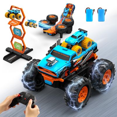 2-in-1 Remote Control Car with Transform Launcher Track  1:16 RC Monster Truck Toys 2.4GHz, Self-Standing 360 Flips Towing Mini Cars & Electric Scoring Gate Truck Gift for Kids Boys Girls Age 4-12