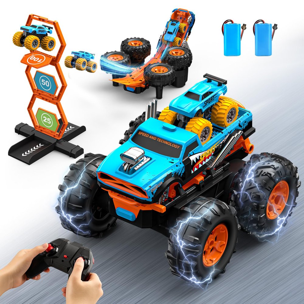 2-in-1 Remote Control Car with Transform Launcher Track  1:16 RC Monster Truck Toys 2.4GHz, Self-Standing 360 Flips Towing Mini Cars & Electric Scoring Gate Truck Gift for Kids Boys Girls Age 4-12