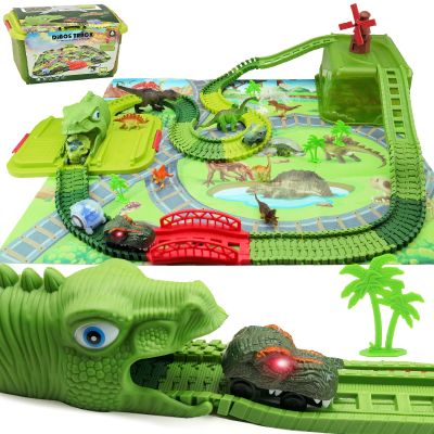 CORPER TOYS 186 Pcs Dinosaur Race Track Set Toys for Kids with Flexible Train Tracks, Dinosaur Figures, Dino Race Cars, Play Map and Storage Box for Boys and Girls