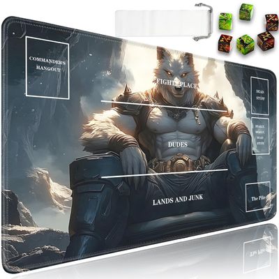 for MTG/TCG Playmat with Zones, 24 x 14 inches Trading Card Playmat with Waterproof Storage Bag and 6 Dice, Non-Slip Rubber Base Card Game Battles, Wolf Warrior Pattern for PTCG Play Mat