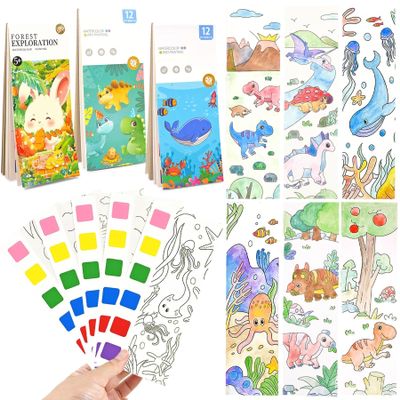 Vileafy Pocket Watercolor Painting Books -Ocean, Animals, Dinosaur Themes 3-Pack Mess-free Paint with Water DIY Bookmark and 6 Brushes, Water Coloring Books for Kids 4-8 Travel and Classroom Prizes