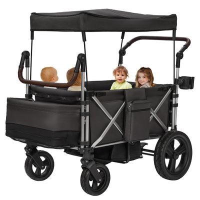 Real Relax Stroller Wagon for 4 Kids, Foldable 4 Seater Wagon Stroller, Kids Wagons with 5-Point Safety Harness, UV-Protection Canopy, All-Terrain PU Wheels, Adjustable Handlebar
