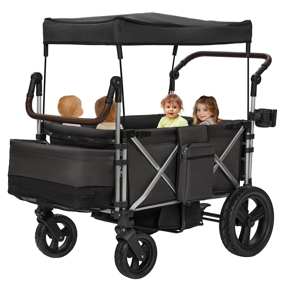 Real Relax Stroller Wagon for 4 Kids, Foldable 4 Seater Wagon Stroller, Kids Wagons with 5-Point Safety Harness, UV-Protection Canopy, All-Terrain PU Wheels, Adjustable Handlebar