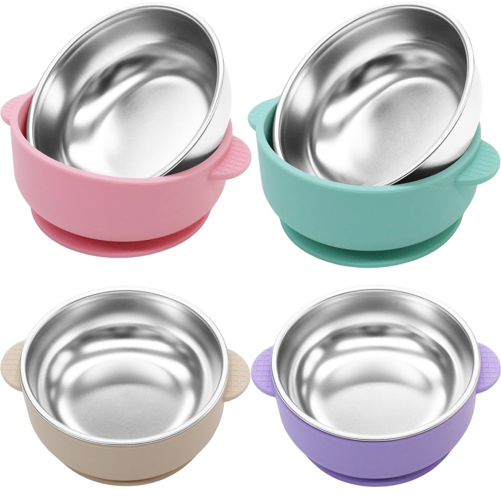JVEOO 4 Pack Stainless Steel Baby Bowls with Suction, 2-in-1 SUS304 Toddlers Bowl & Removable Silicone Suction Kids Bowl Anti Scald Non Toxic Snack Container for Baby Food Feeding