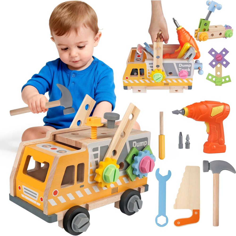 Kids Tool Set Toy with Drill Hammer, 38PCS Wooden Truck Boy Tool Set Construction Sensory Kit STEM Learning Toys, Montessori Pretend Play Boy Girls Kids Birthday Gift for Toddlers 1 2 3 4 5 6