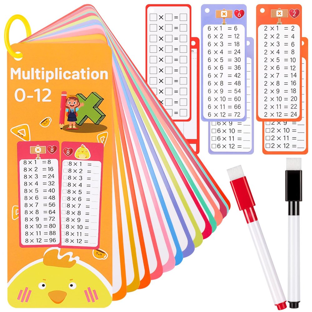 15Pcs Multiplication Flash Cards 0-12, Time Table Flash Cards Chart with 2 Dry Erase Pens 1 Rings, Educational Math Multiplication Chart for 1st to 3rd Grades Fun Learning with Math Game
