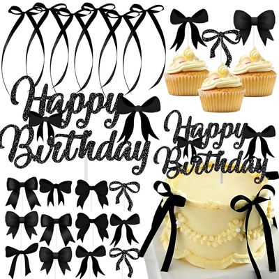 19Pcs Black Bow Cake Topper Bow Cupcake Toppers Bow Cake Toppers Bow Cake Decor Ribbion Bows for Cake Decorating Bow Cake Decorations Acrylic Happy Birthday Cake Topper Bow Party Decor