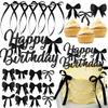 19Pcs Black Bow Cake Topper Bow Cupcake Toppers Bow Cake Toppers Bow Cake Decor Ribbion Bows for Cake Decorating Bow Cake Decorations Acrylic Happy Birthday Cake Topper Bow Party Decor view 1