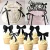 19Pcs Black Bow Cake Topper Bow Cupcake Toppers Bow Cake Toppers Bow Cake Decor Ribbion Bows for Cake Decorating Bow Cake Decorations Acrylic Happy Birthday Cake Topper Bow Party Decor view 3
