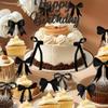 19Pcs Black Bow Cake Topper Bow Cupcake Toppers Bow Cake Toppers Bow Cake Decor Ribbion Bows for Cake Decorating Bow Cake Decorations Acrylic Happy Birthday Cake Topper Bow Party Decor view 4