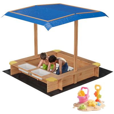 Kids' Outdoor Wooden Sandbox Large with 2 Plastic Boxes, Sand Box with Adjustable Canopy, Bottom Liner, Spacious Kids Sand Pit for Beach, Patio, Backyard(39x39in)