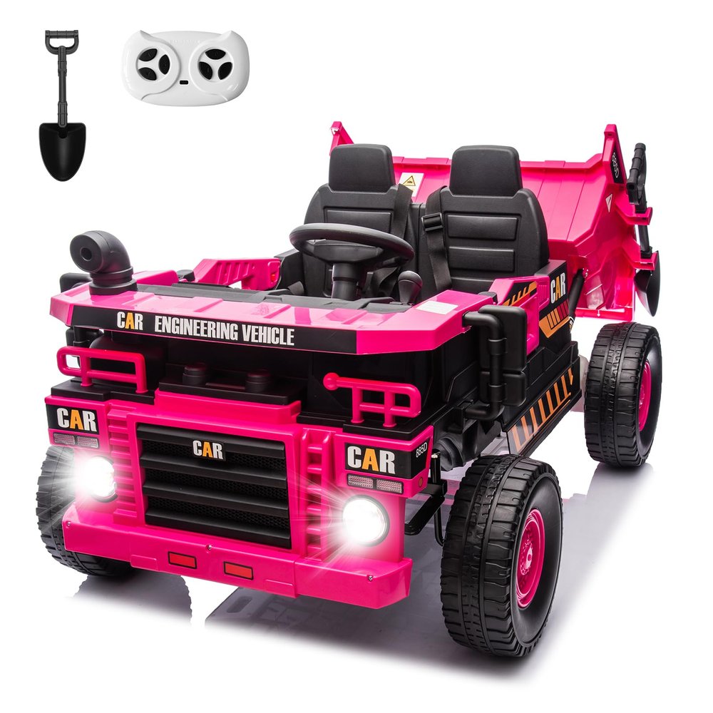 12V Kids Ride on Dump Truck 2-Seater, Electric Ride on Toy Car Construction Vehicle Truck for Girls, Remote Control, Key Start, Shovel, Dump Bed, Music, Birthday Gift (Pink, 12V)