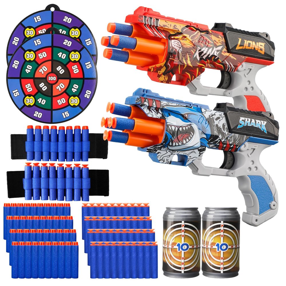 2 Pack Blaster Guns Boys Toy for 3+ Year Old Kids, 80 Soft Foam Darts Bullets, 4 Targets & 2 Wrist Strap, Gun Toys Gifts for Ages 8-12,Christmas Stocking Stuffers Party Supplies for Toddler