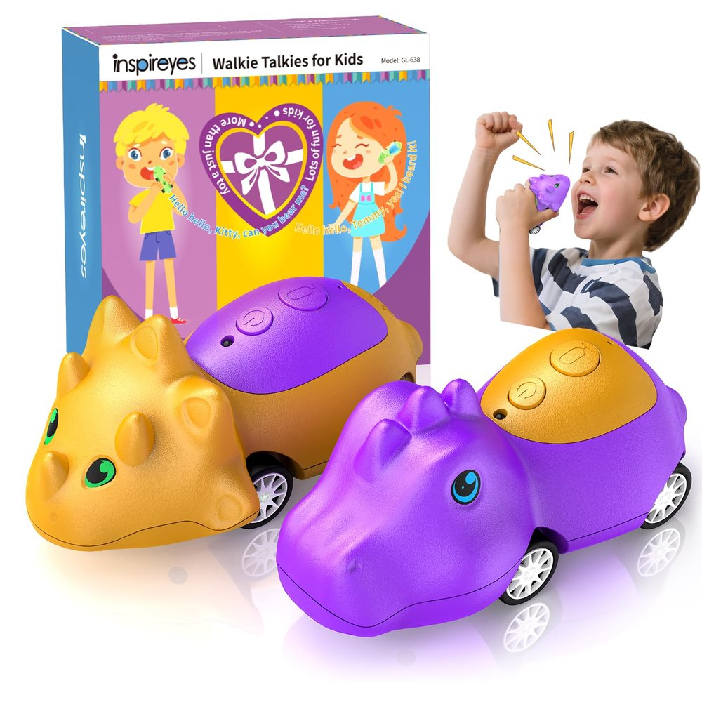 Inspireyes Dinosaur Walkie Talkies for Kids Rechargeable, Dino Toy Cars for Boys & Girls Ages 3-7, Crystal-Clear Audio, 48H Play, Fun Indoor & Backyard, Birthday Xmas Gifts for Toddler, 2 Pack
