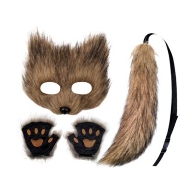 Animal Mask and Tail Set with Gloves for Halloween Cosplay Carnival Party Brown