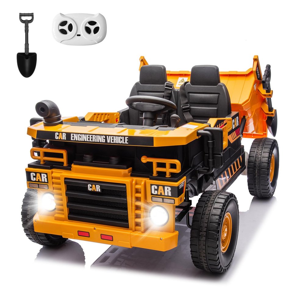 2-Seater Electric Ride on Truck Toy Car Construction Vehicle for Boys, 12V Kids Ride on Dump Truck, Remote Control, Key Start, Shovel, Dump Bed, Music, Birthday Gift (Yellow, 12V)