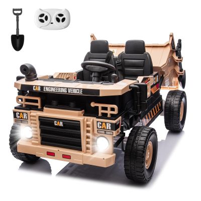 12V Kids Ride on Truck 2-Seater, Electric Ride on Toy Car Construction Vehicle Truck for Boys, Remote Control, Key Start, Shovel, Dump Bed, Music, Birthday Gift (Khaki, 12V)