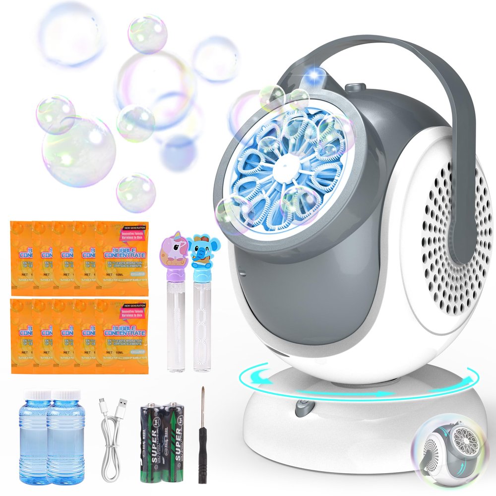 Big Bubble Machine - Automatic Bubbles Blower for Kids, Toddlers - 360 Oscillation & 75 Adjustment, Bubble Toys with LED Light - Gifts for Boys, Girls, Easter, Outdoor, Birthday, Party Use