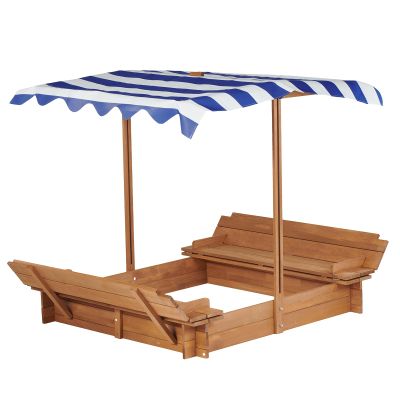 hoopoocolor 46" Wooden Sandbox with Canopy, Kids Outdoor Sand Box with 2 Foldable Bench Seats, Large Sandpit for Backyard Play, Splinter-Free Design