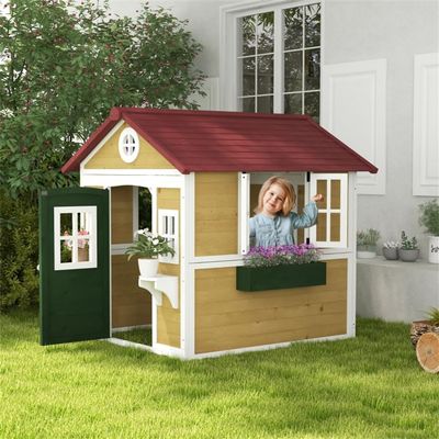 lafengyan Outdoor Wooden Playhouse for Kids 3-8 Years Old, Fir Wood Children's Backyard Cottage with Retro Windows, Plant Boxes & Waterproof Roof, DIY Assembly