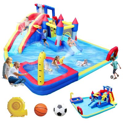 10-in-1 Inflatable Water Park Combo - Giant Slide, Bounce House with Splash Pool, Water Guns & Climbing Wall, Dual Pools,Soccer for Backyard