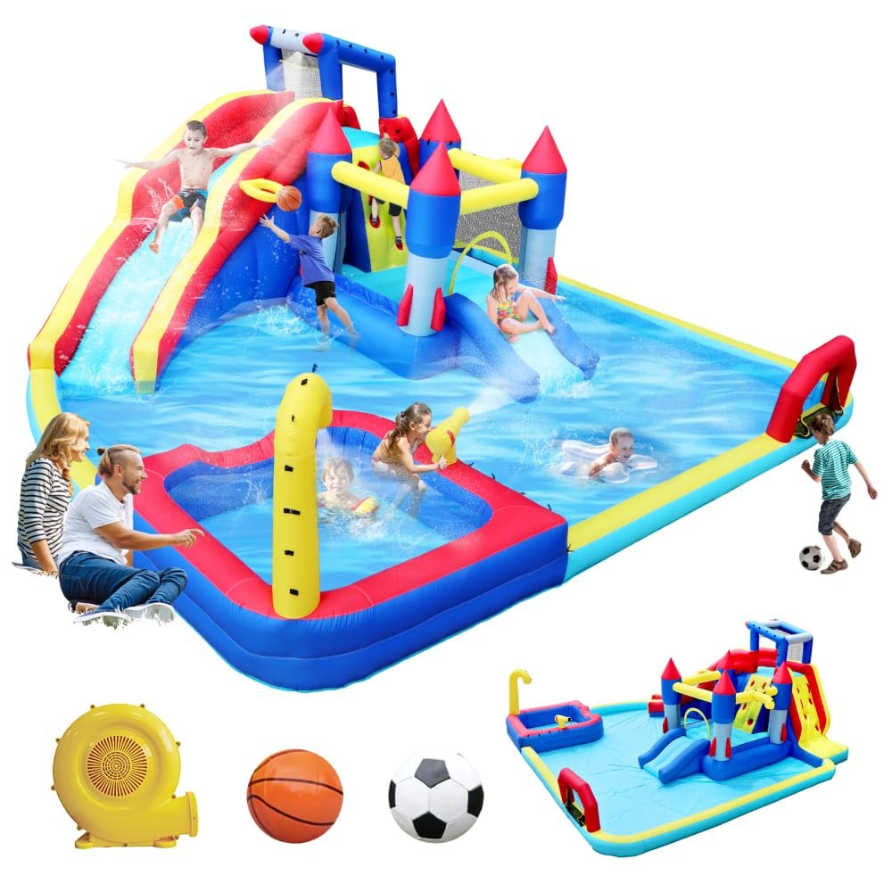 10-in-1 Inflatable Water Park Combo - Giant Slide, Bounce House with Splash Pool, Water Guns & Climbing Wall, Dual Pools,Soccer for Backyard