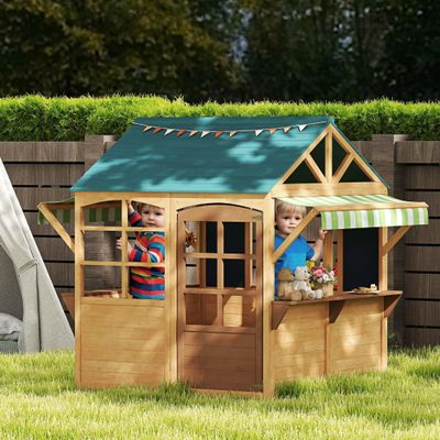 lafengyan Country-Style Foldable Kids Playhouse for Ages 3-8 | Fir Wood Construction with Waterproof Cover, 5 Windows & Built-in Blackboards | Easy Assembly Outdoor Playhouse