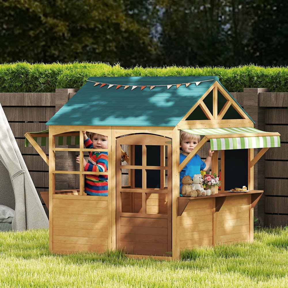 lafengyan Country-Style Foldable Kids Playhouse for Ages 3-8 | Fir Wood Construction with Waterproof Cover, 5 Windows & Built-in Blackboards | Easy Assembly Outdoor Playhouse